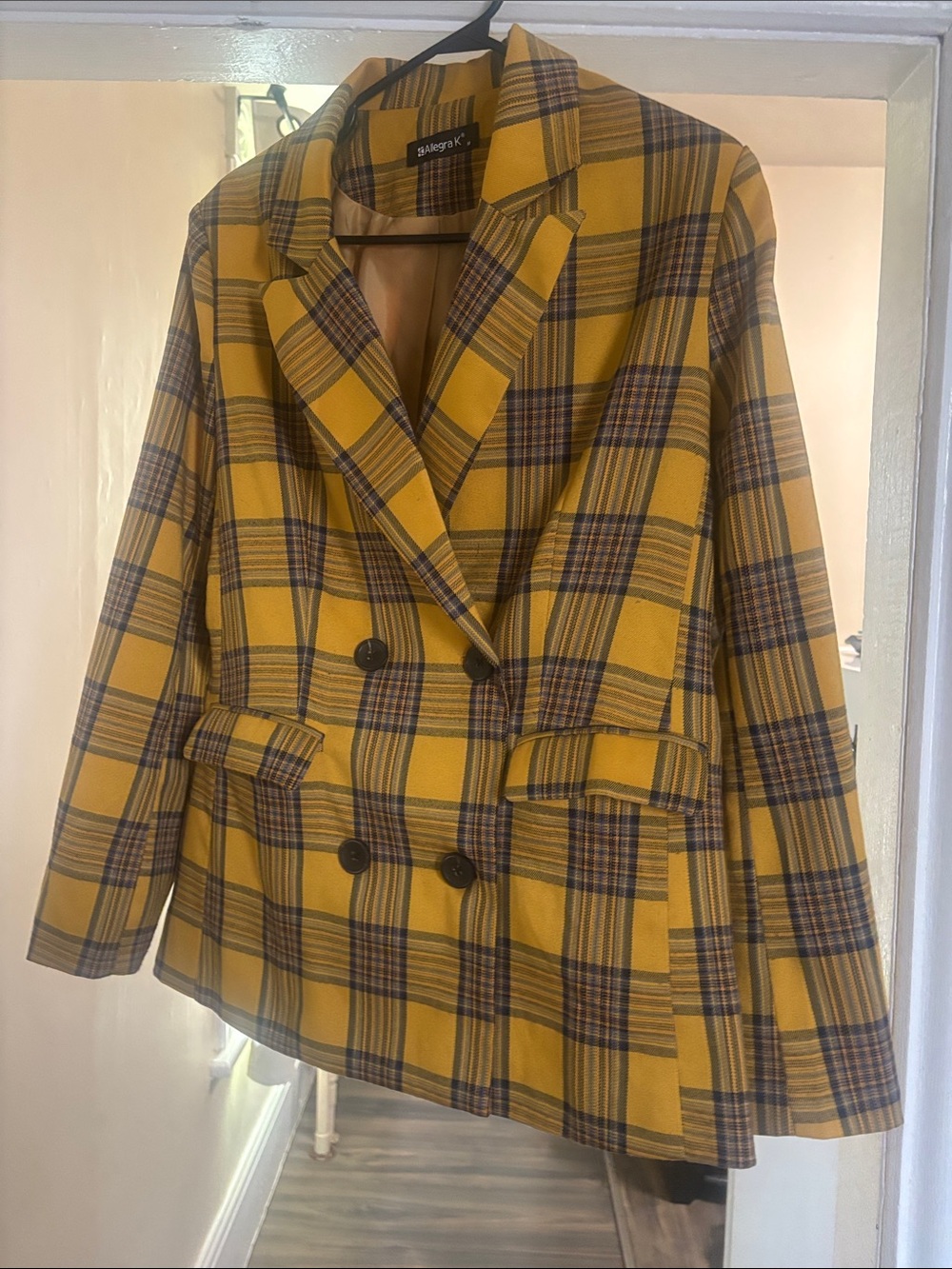 Allegra K Yellow Plaid Double-Breasted Blazer